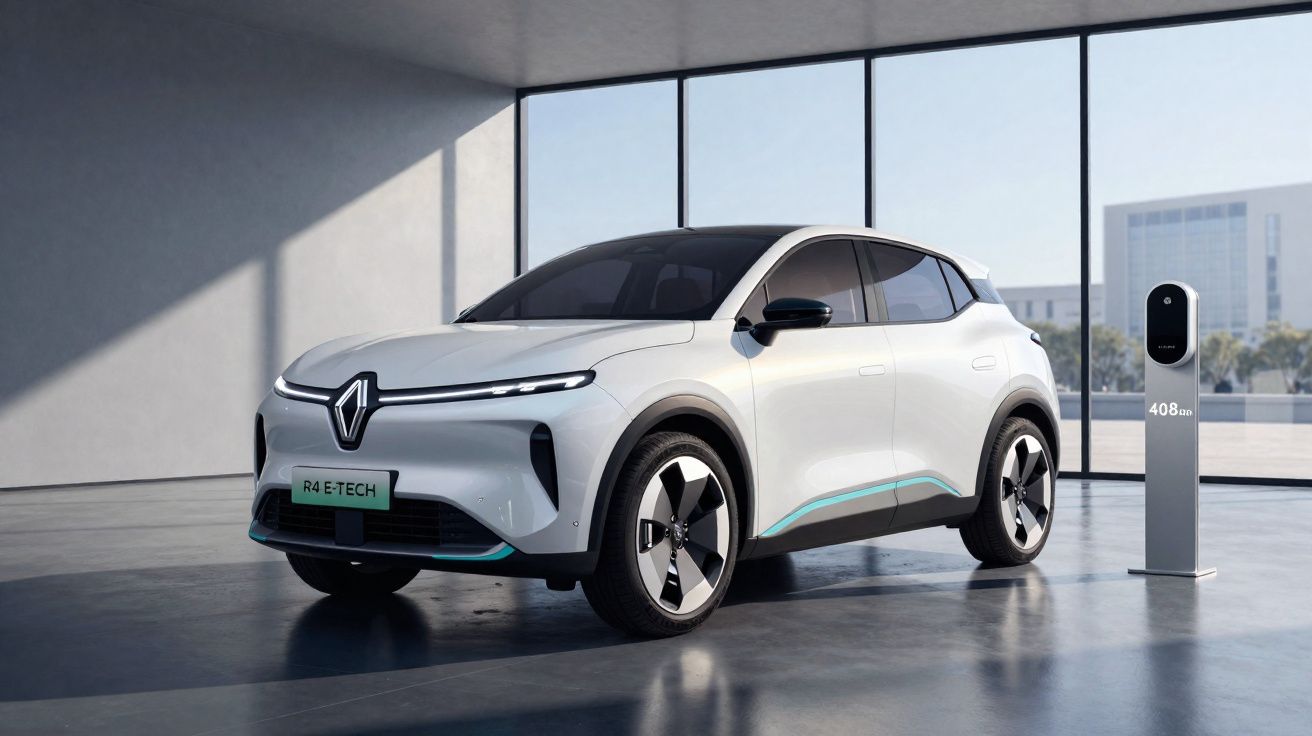 Carro elétrico branco Renault R4 E-Tech estacionado ao lado de carregador em ambiente moderno e iluminado.