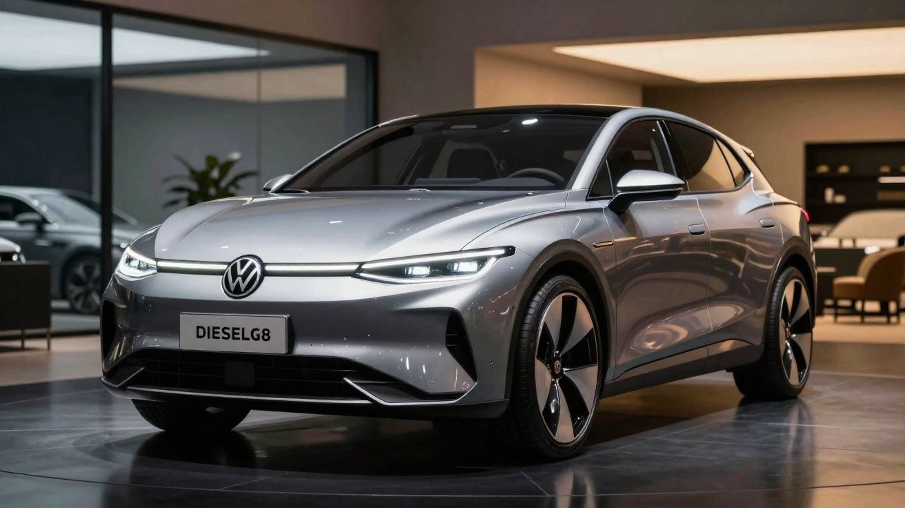Carro elétrico Volkswagen prata estacionado em showroom moderno com luzes acesas e ambiente interno sofisticado.