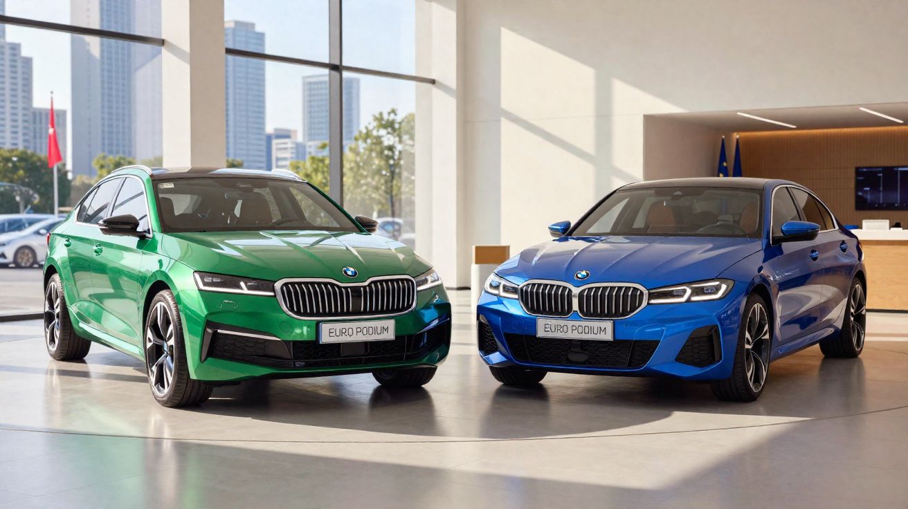 Dois sedãs BMW novos na cor verde e azul exibidos em showroom moderno com janelas amplas e luz natural.