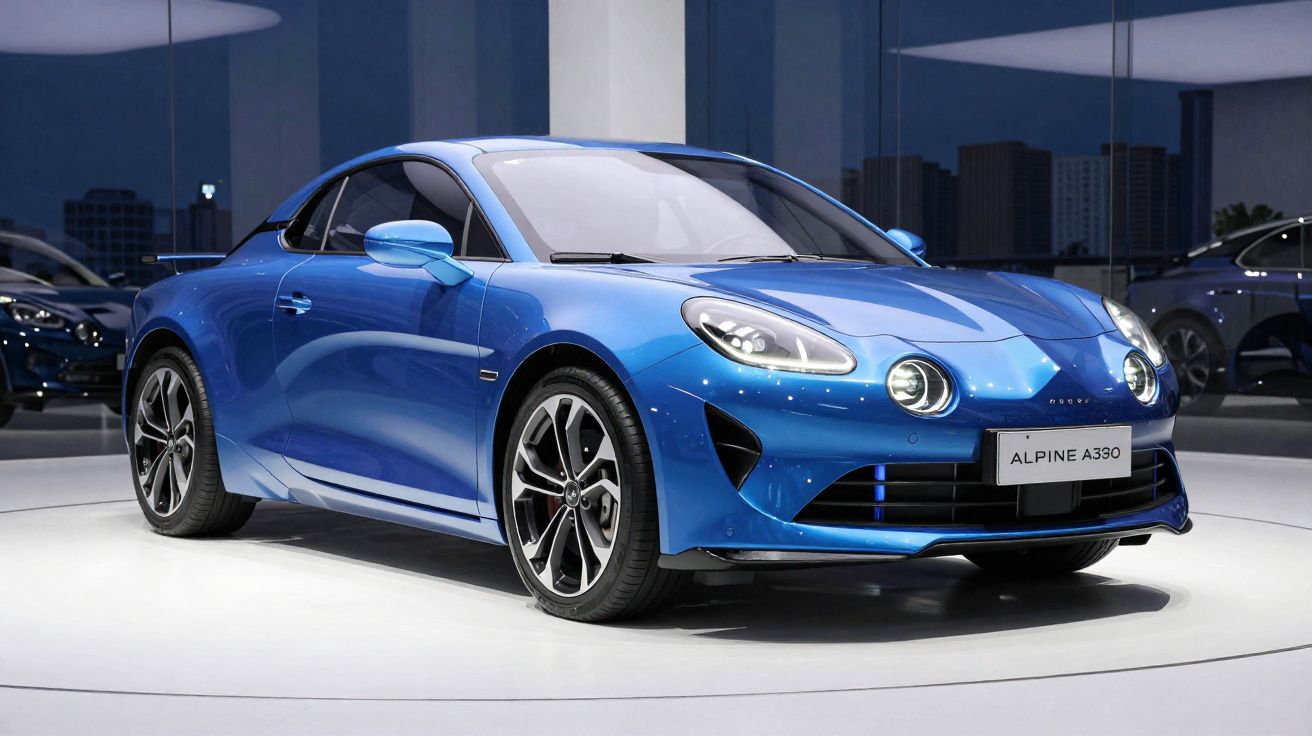 Carro esportivo Alpine A330 azul exibido em exposição com design aerodinâmico e rodas esportivas.