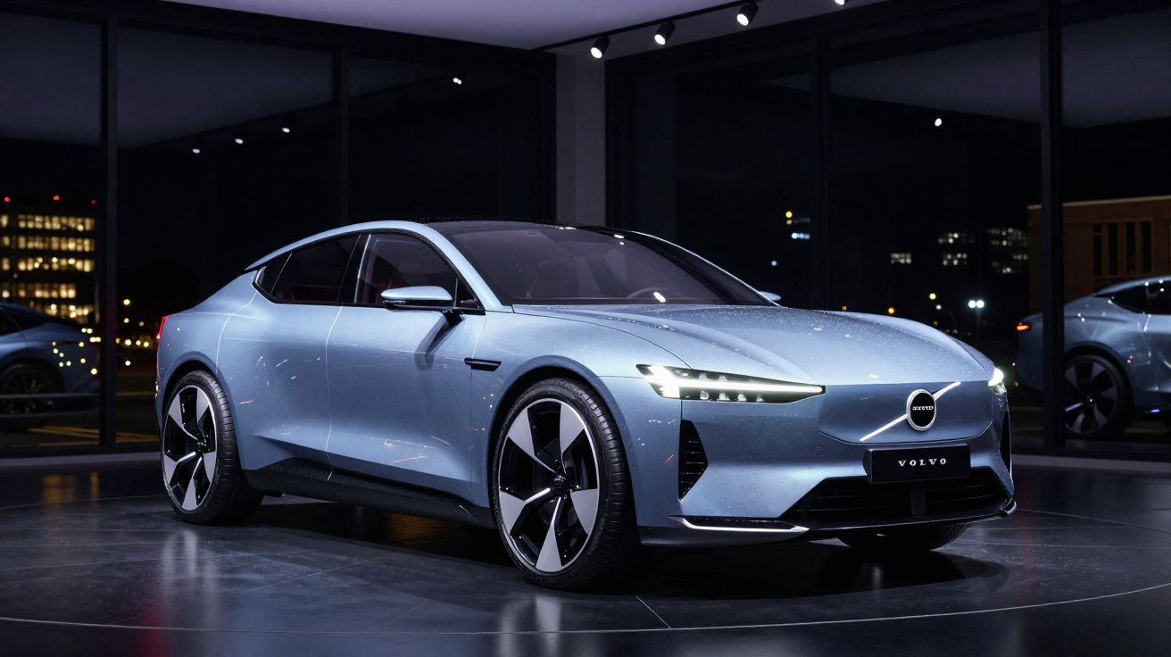 Carro elétrico Volvo azul moderno exposto em ambiente interno com piso refletivo e iluminação noturna.