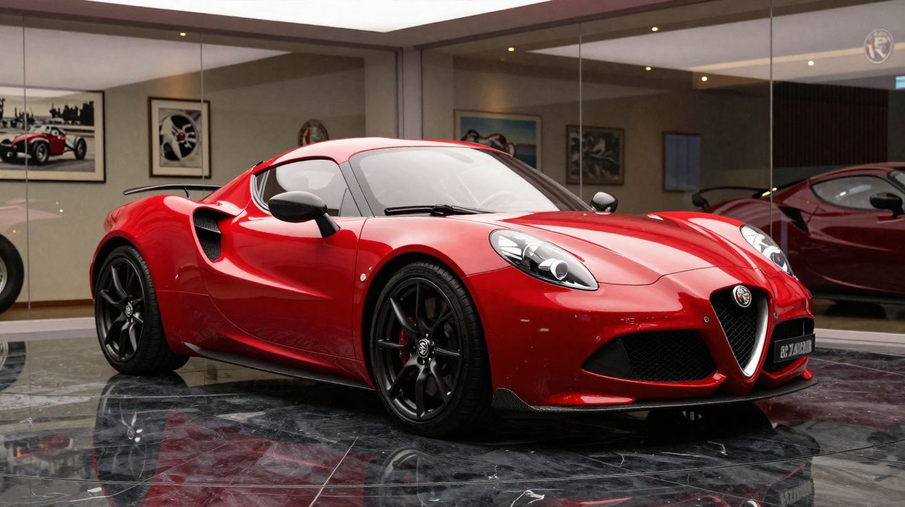 Carro esportivo vermelho Alfa Romeo 4C em ambiente interno com piso espelhado e paredes de vidro.