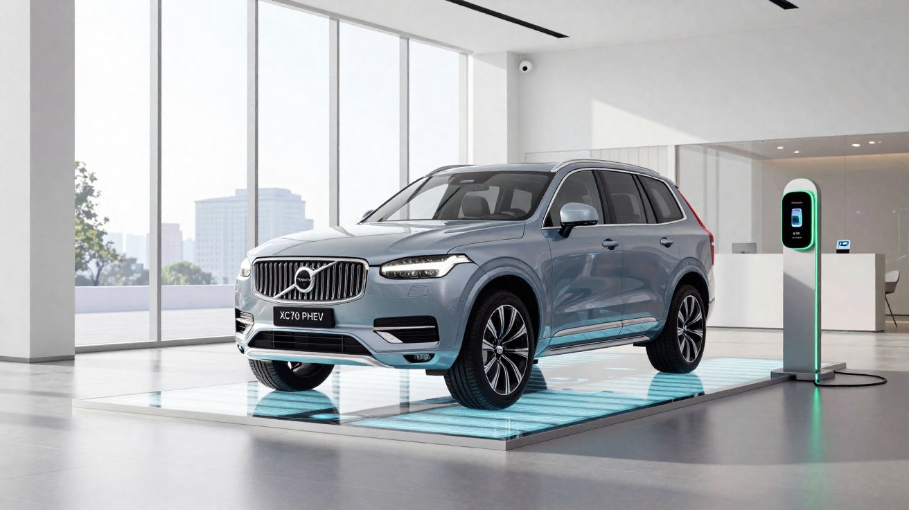 Carro SUV Volvo XC70 PHEV em showroom moderno com estação de carregamento elétrico ao lado.
