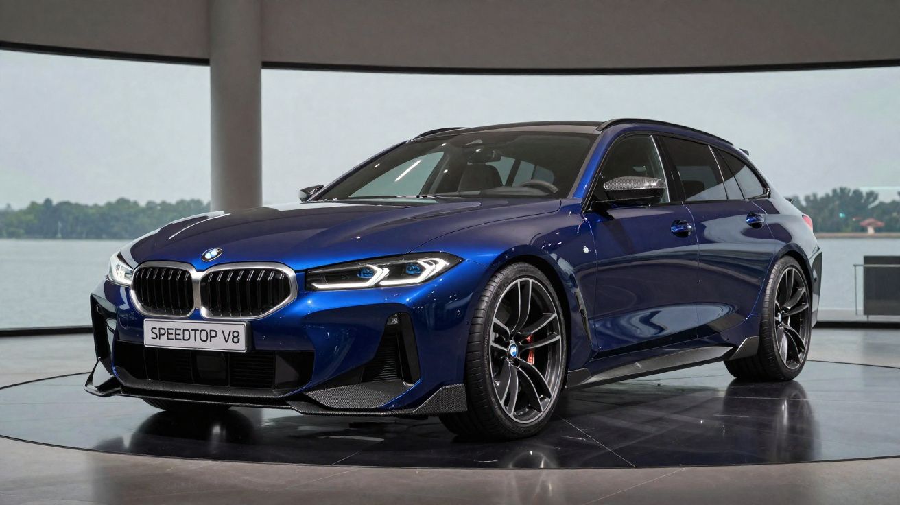Carro esportivo BMW azul metálico modelo Speedtop V8 em exposição com fundo de janela panorâmica e vista de lago.