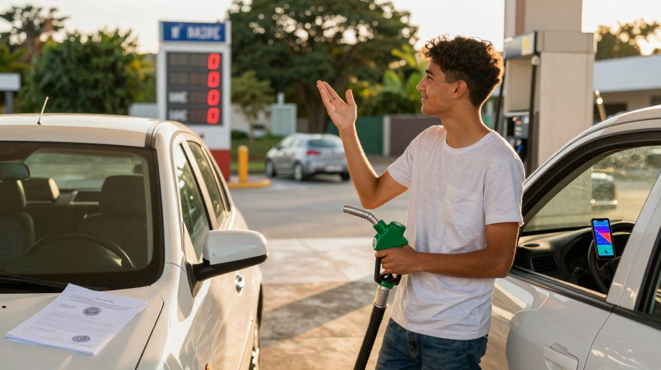 Jovem em posto de gasolina segurando bomba para abastecer carro branco ao pôr do sol.