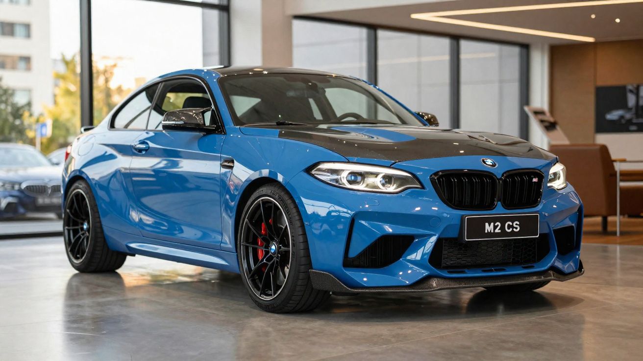 Carro esportivo BMW M2 CS azul com teto preto exposto em showroom moderno com piso refletivo.