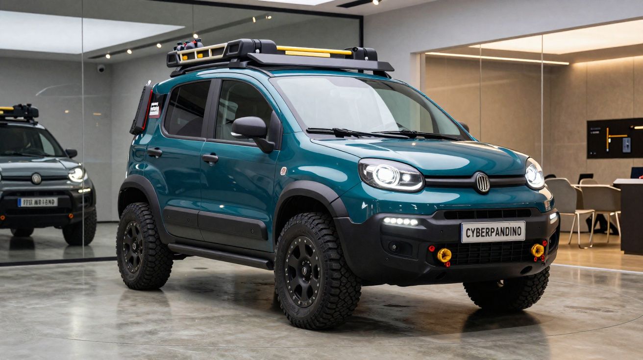Carro compacto verde com pneus off-road, barras no teto e placa escrita CYBERPANDINO em showroom moderno.