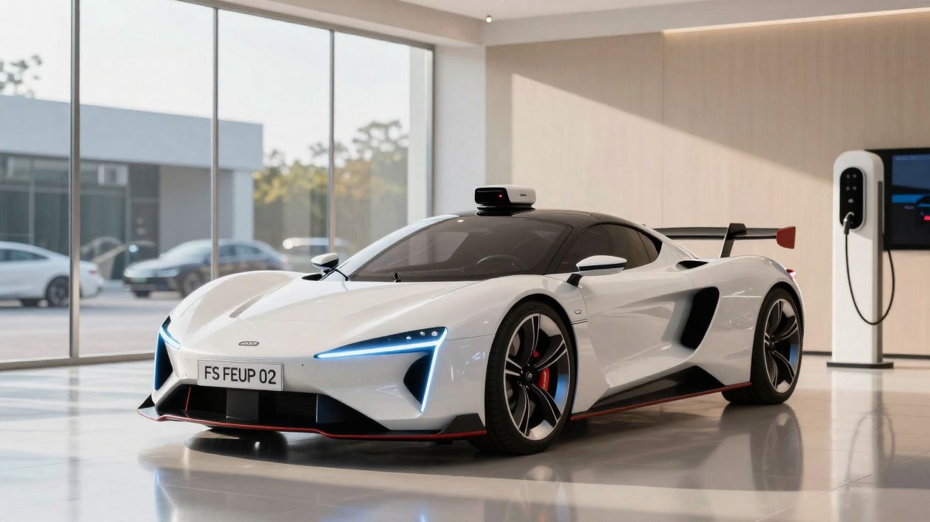 Carro esportivo elétrico branco com design futurista, exibido em showroom moderno e iluminado.