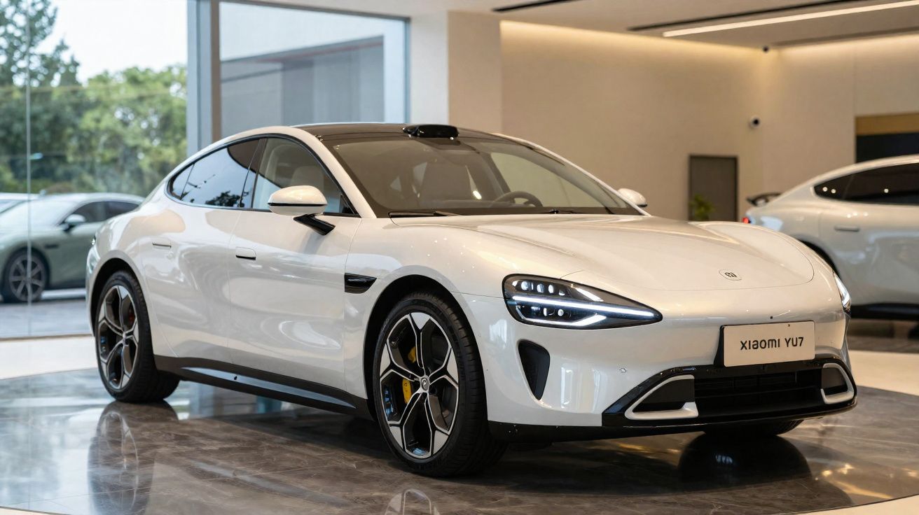 Carro esportivo elétrico branco Xiaomi Yue 2023 exibido em showroom moderno com piso refletivo.