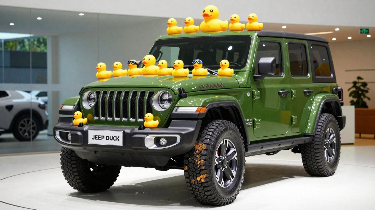 Jeep verde exibido em showroom com dezenas de patinhos de borracha no capô e teto.