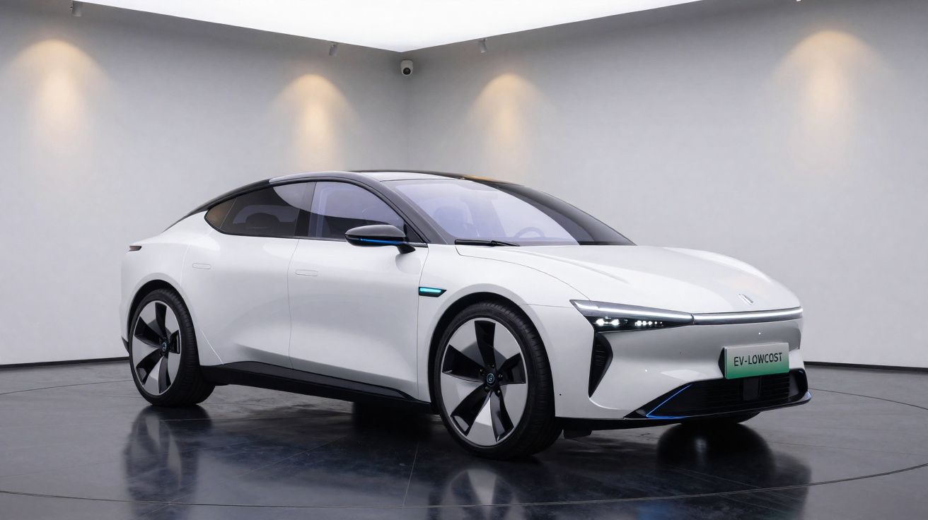 Carro elétrico branco com design moderno em ambiente fechado com iluminação suave.