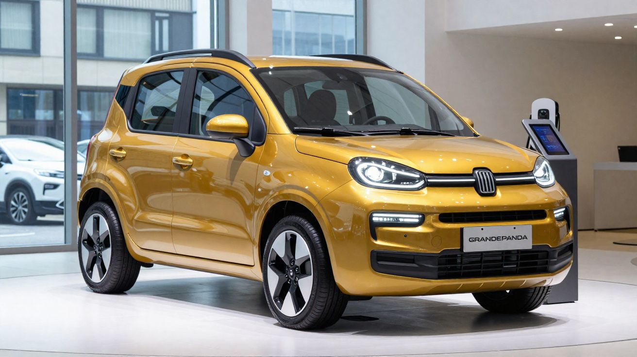 Carro hatch compacto Fiat Grandepanda amarelo exposto em showroom moderno com luzes acesas.