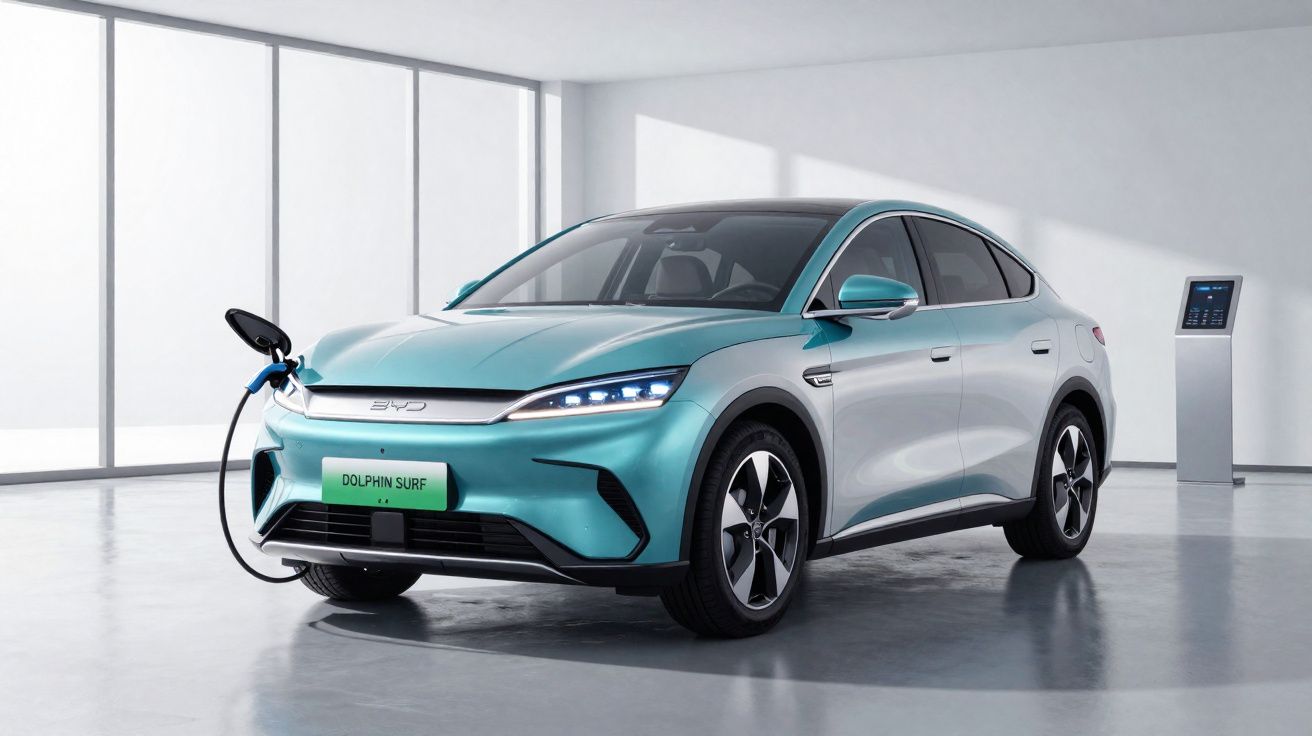 Carro elétrico azul claro BYD Dolphin Surf conectado a carregador em ambiente interno branco e iluminado.