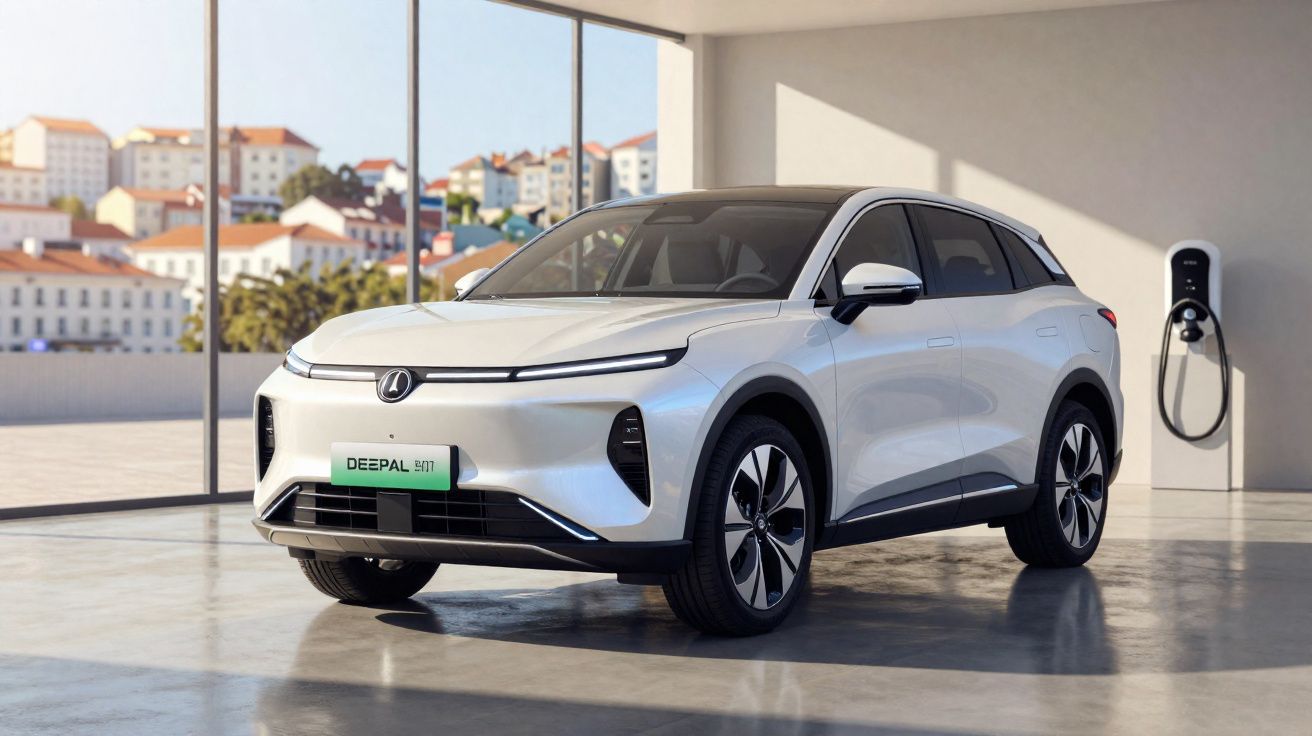 Carro elétrico branco estacionado em garagem moderna com estação de recarga na parede.