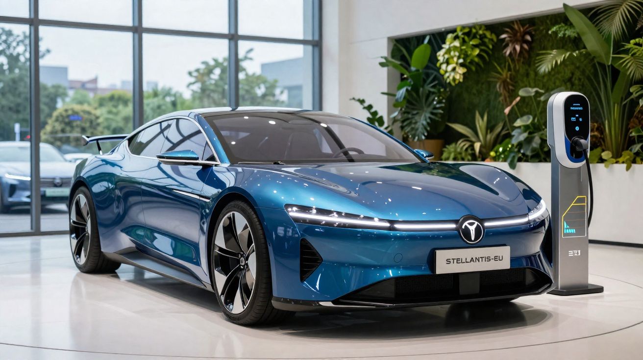 Carro esportivo elétrico azul estacionado em showroom moderno ao lado de estação de recarga elétrica.