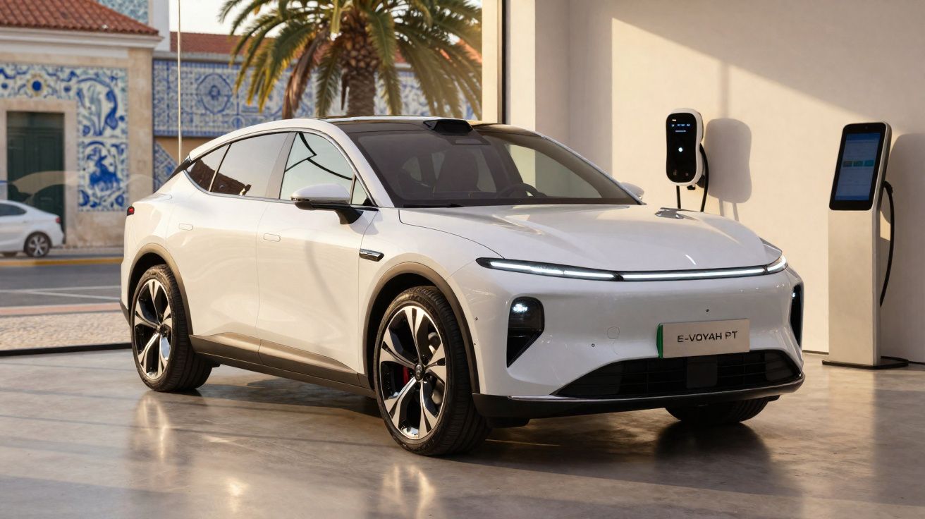 Carro elétrico branco estacionado próximo a estação de recarga em ambiente urbano com azulejos portugueses.