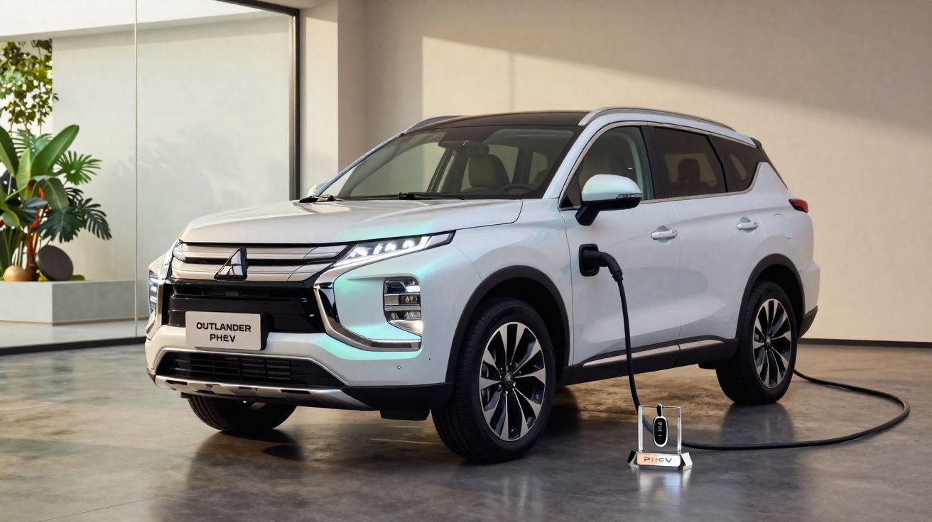 SUV branco Mitsubishi Outlander PHEV estacionado e carregando em tomada interna com plantas ao fundo.