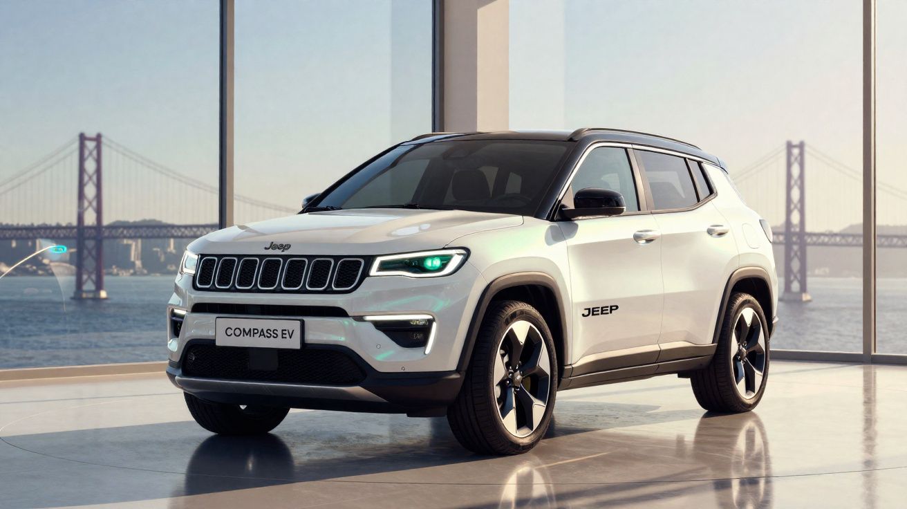 SUV Jeep Compass EV branco estacionado dentro de ambiente com vista para ponte e rio ao fundo.