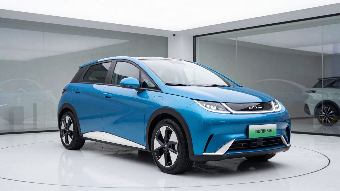 Carro elétrico azul BYD Dolphin Surf em ambiente moderno com piso branco e paredes espelhadas.