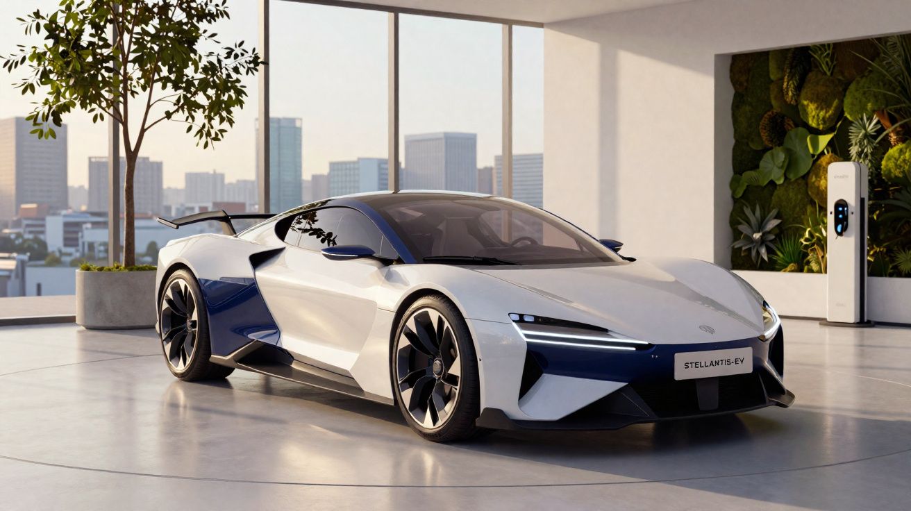 Carro esportivo elétrico branco e azul em showroom moderno com janelas grandes e vista urbana ao fundo.