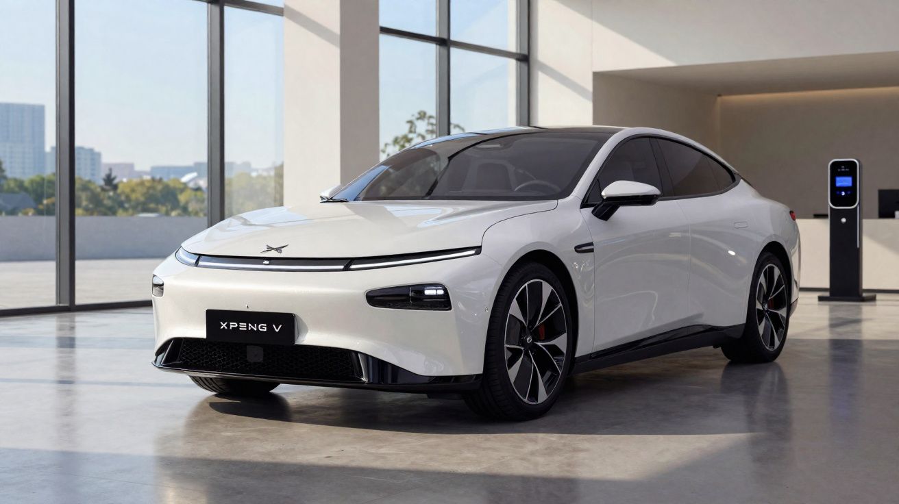 Carro elétrico branco XPENG V estacionado em ambiente interno com grandes janelas de vidro.