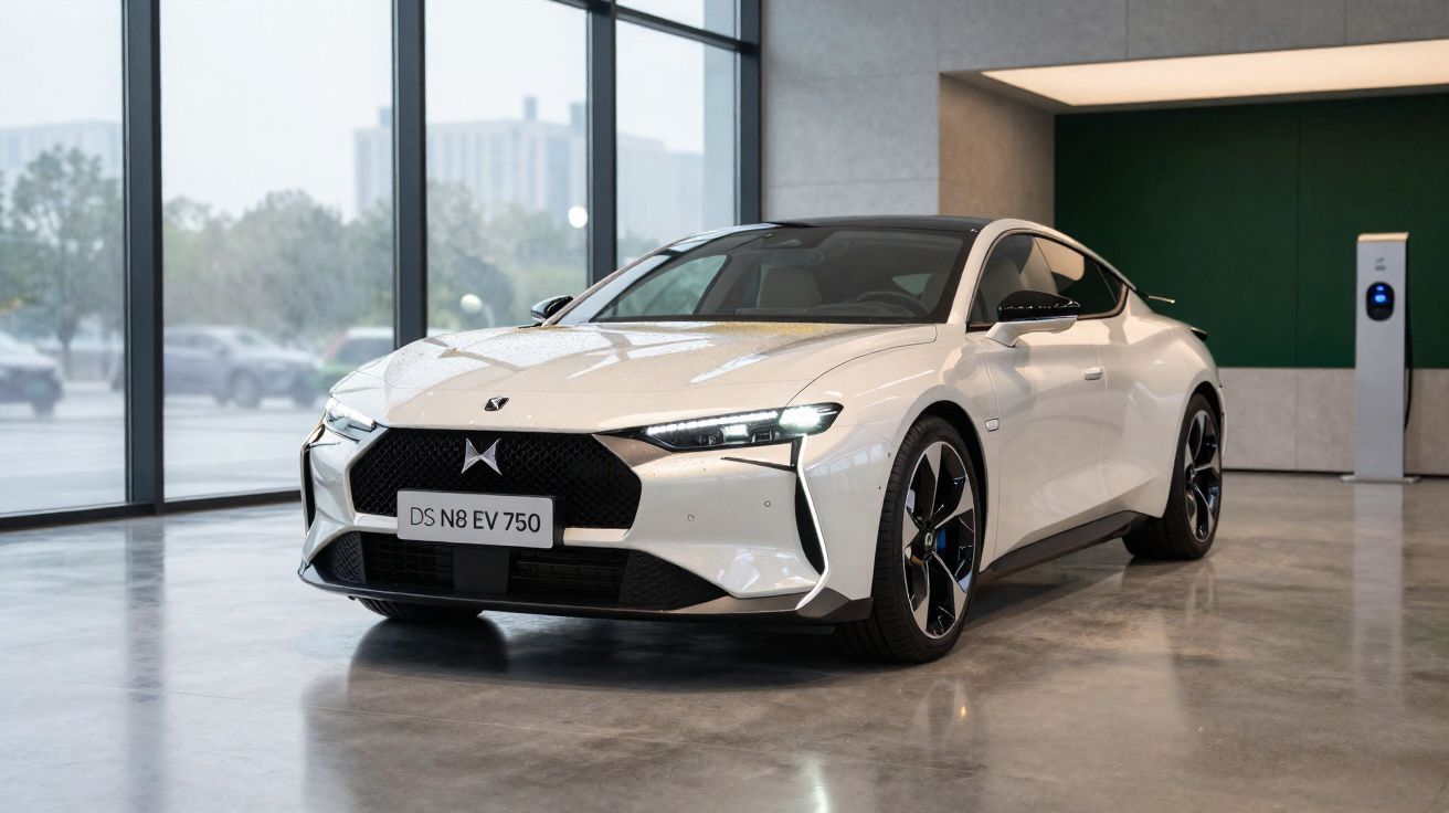 Carro elétrico branco DS N8 EV 750 estacionado em showroom com piso e parede cinza.