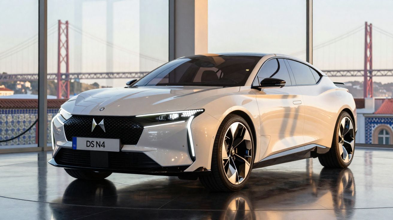Carro elétrico branco DS N4 exibido em ambiente interno com janelas grandes e ponte ao fundo.