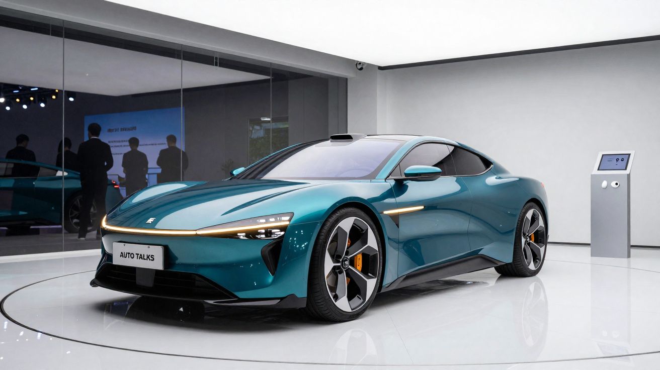 Carro esportivo elétrico azul exibido em showroom moderno com chão branco e paredes de vidro.