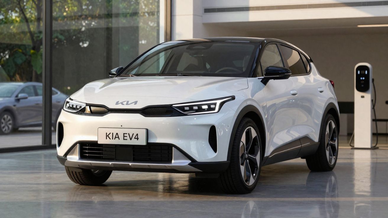 Carro elétrico Kia EV4 branco estacionado em ambiente interno próximo a estação de recarga.