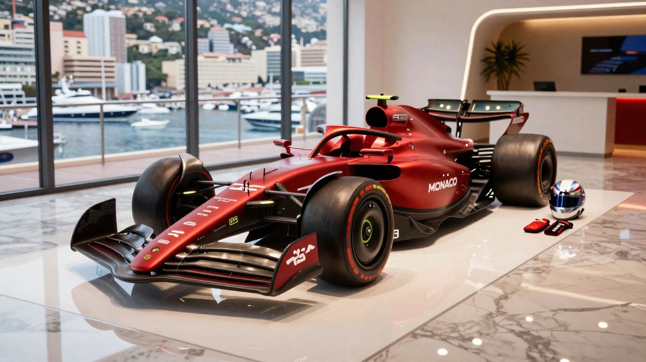 Carro de Fórmula 1 vermelho exposto em ambiente interno com vista para marina e prédios ao fundo.