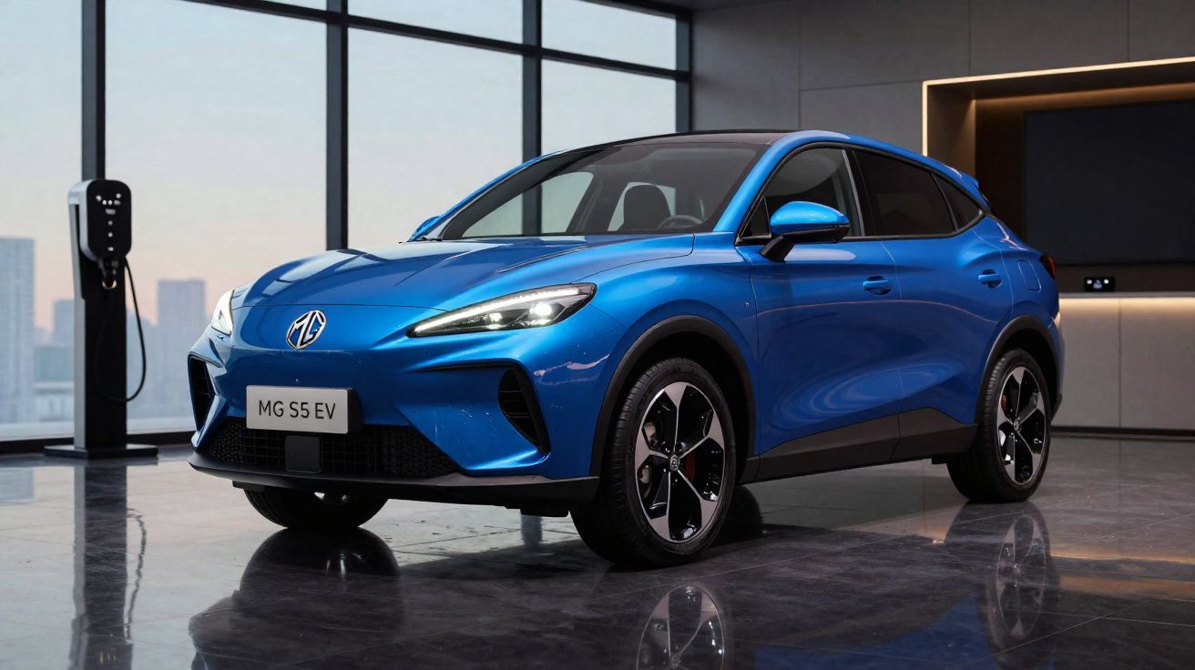 Carro elétrico azul MG S5 EV estacionado em ambiente interno moderno com painel de recarga ao fundo.