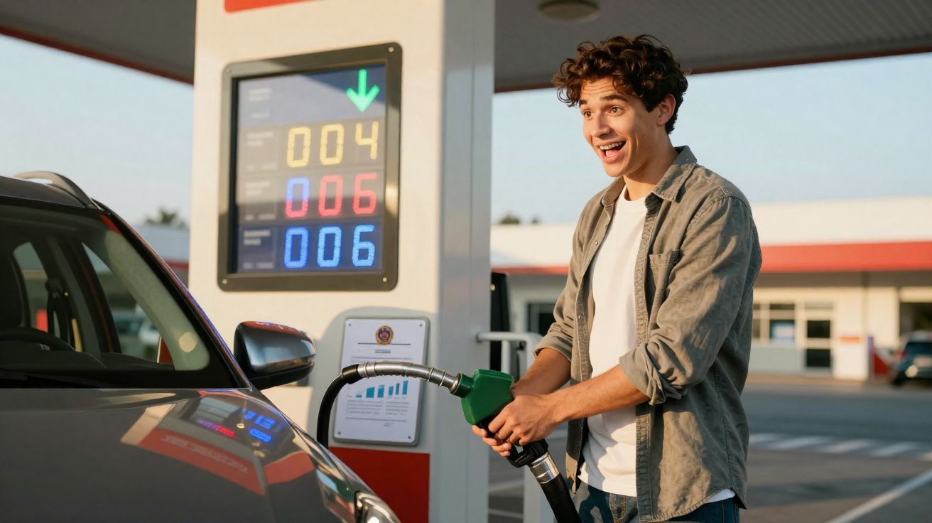 Jovem sorridente abastecendo carro em posto de gasolina ao entardecer.