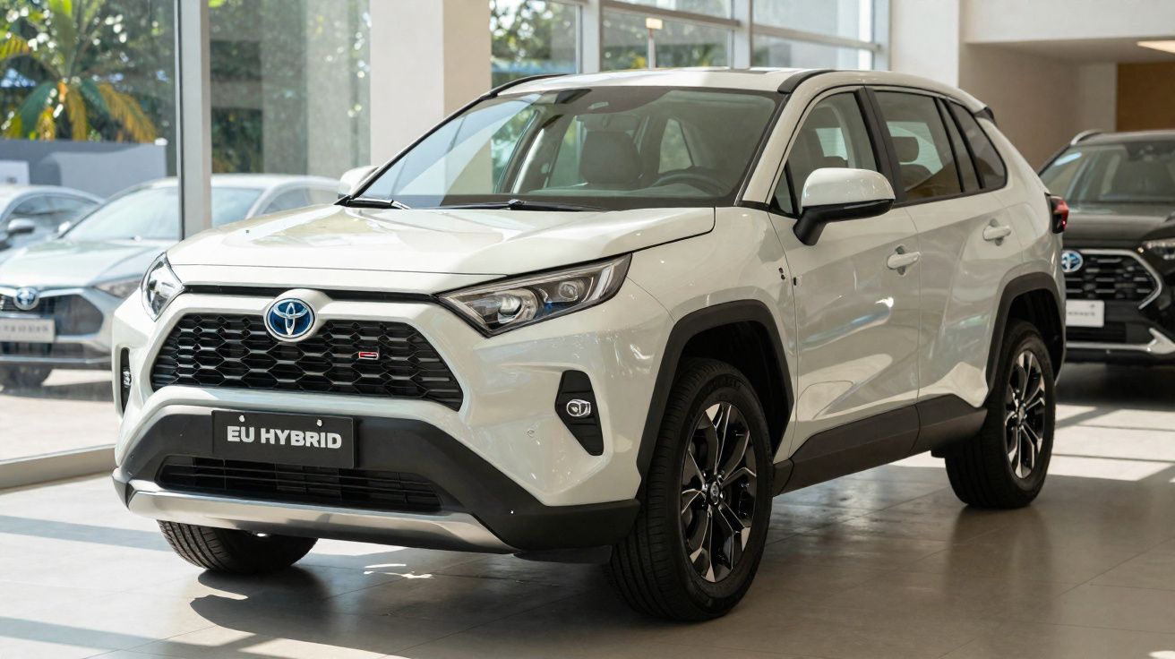 Toyota RAV4 híbrido branco exibido em showroom com iluminação natural e outros carros ao fundo.
