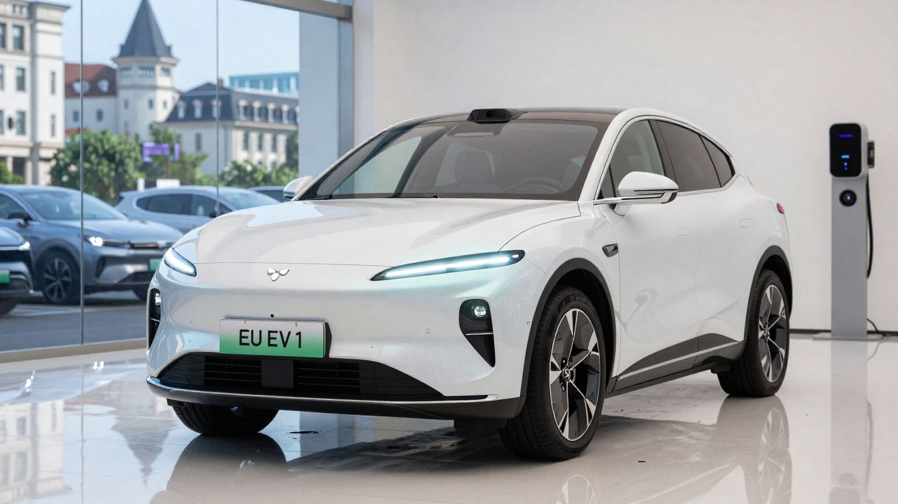 Carro elétrico branco estacionado em showroom com carregador elétrico ao fundo.