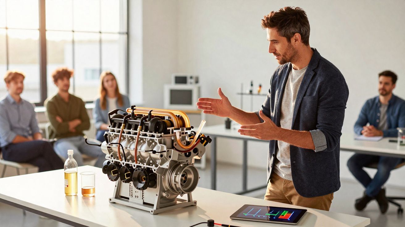 Homem apresenta motor automotivo enquanto grupo observa em sala moderna e iluminada.