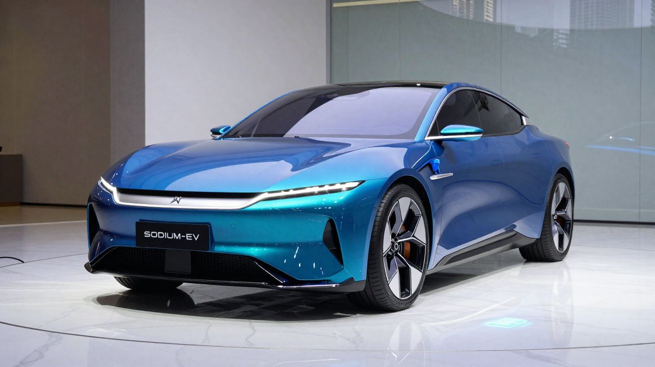 Carro elétrico sedã azul metálico exposto em ambiente interno com piso branco brilhante.