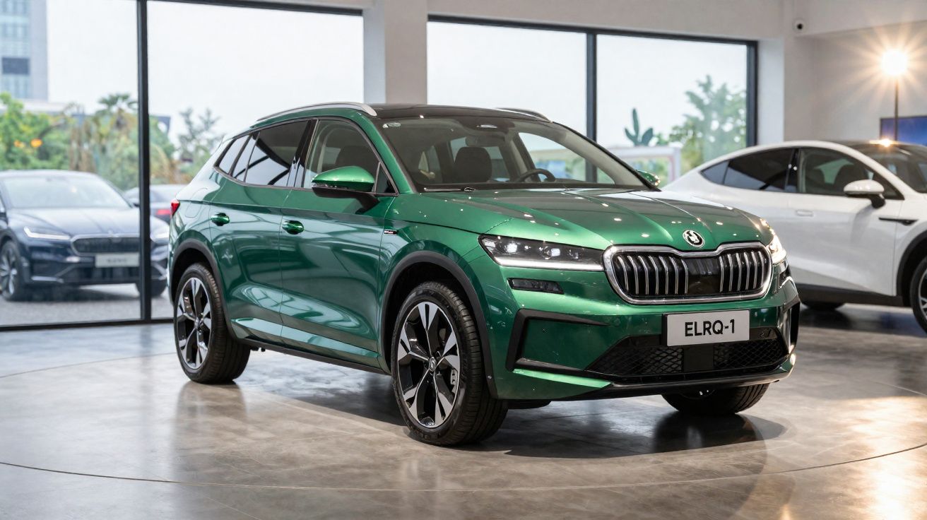 Carro SUV elétrico verde Skoda Elroq-1 exposto em showroom moderno com janelas grandes.