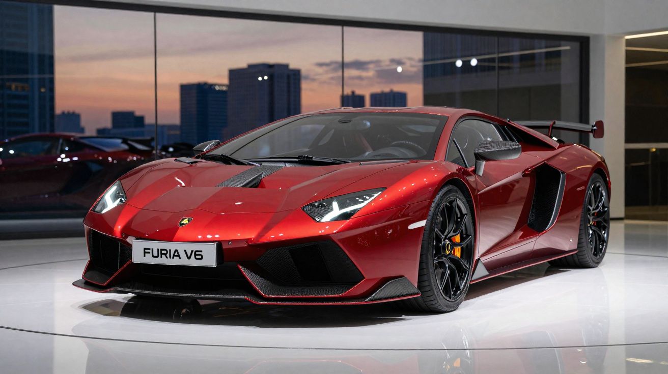 Carro esportivo vermelho Furía V6 exibido em ambiente interno com janelas mostrando o pôr do sol.