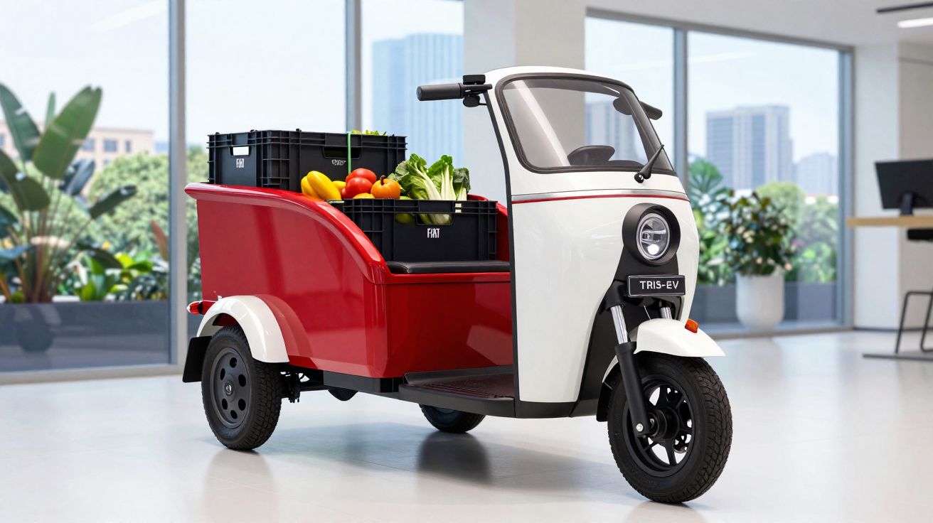 Triciclo elétrico vermelho e branco com caixas de frutas e verduras em ambiente interno moderno.