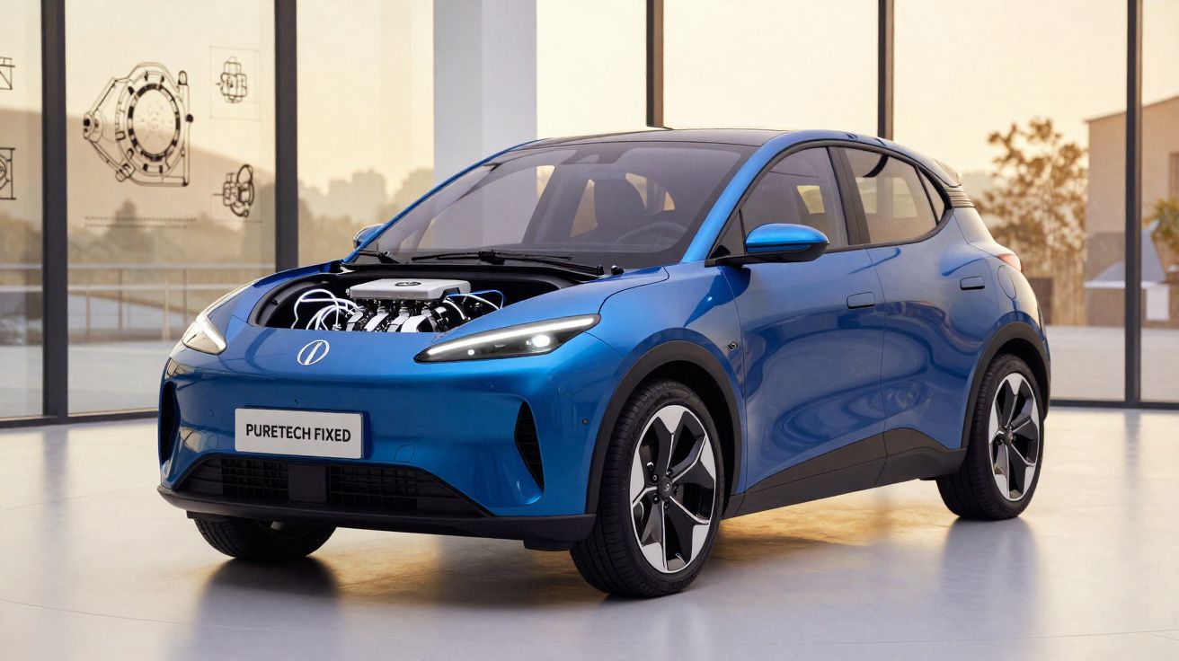 Carro elétrico azul em ambiente interno com capô aberto mostrando motor elétrico interno.