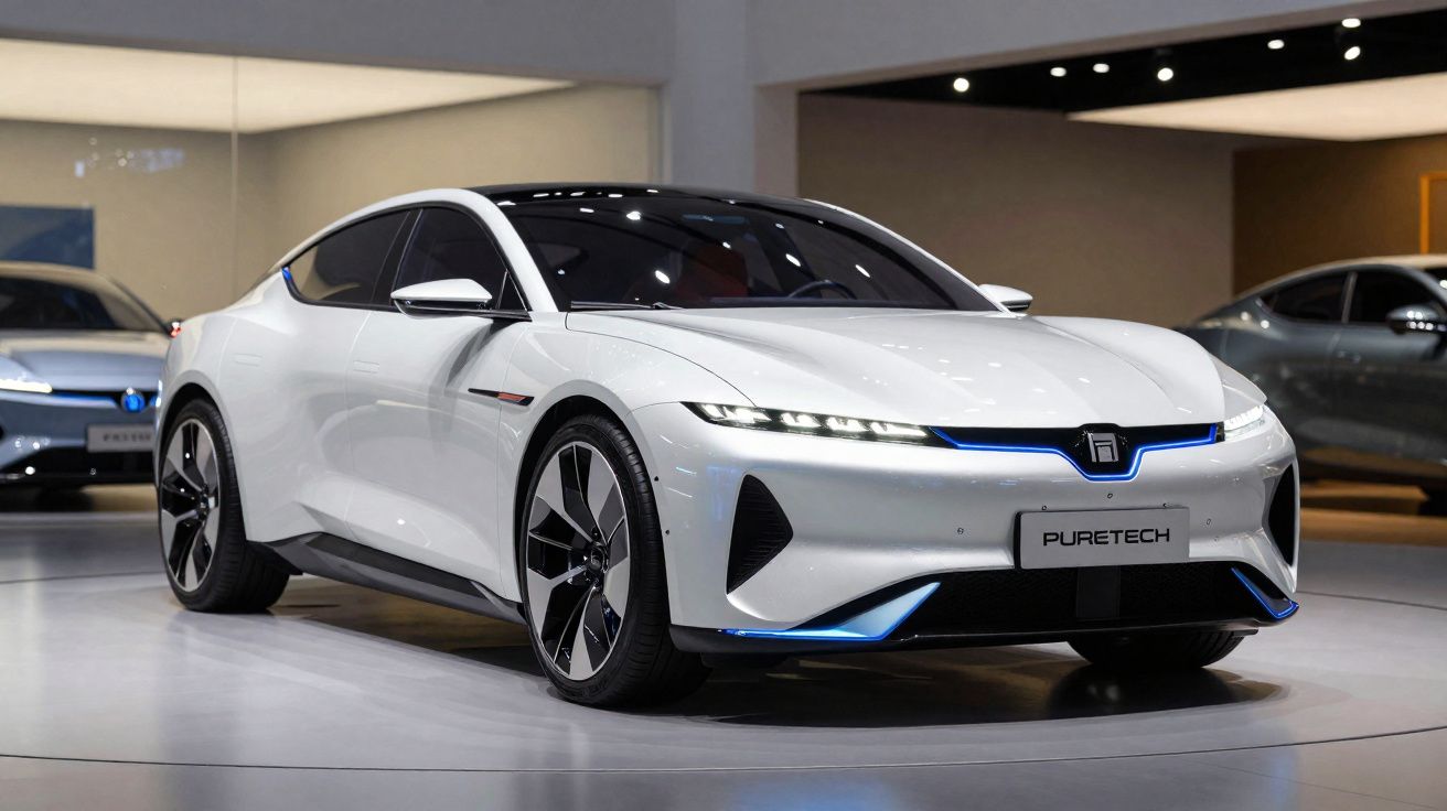 Carro elétrico branco futurista modelo Puretech em exposição iluminada em salão automotivo.