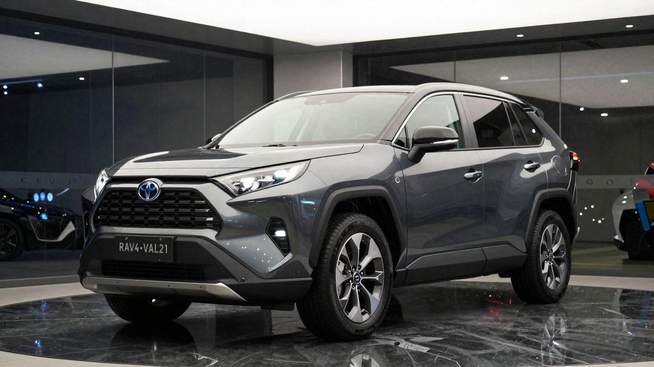 SUV Toyota RAV4 cinza estacionado em ambiente interno moderno com iluminação refletida no piso.