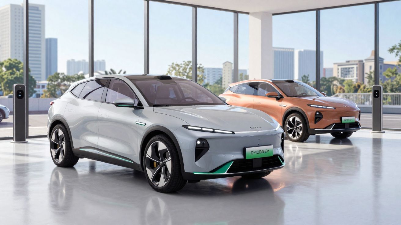 Dois carros elétricos modernos, um prata e um laranja, estacionados em ambiente interno com vidros amplos.