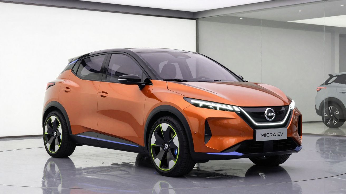 Carro elétrico Nissan Micra EV laranja em ambiente interno com espelho ao fundo.