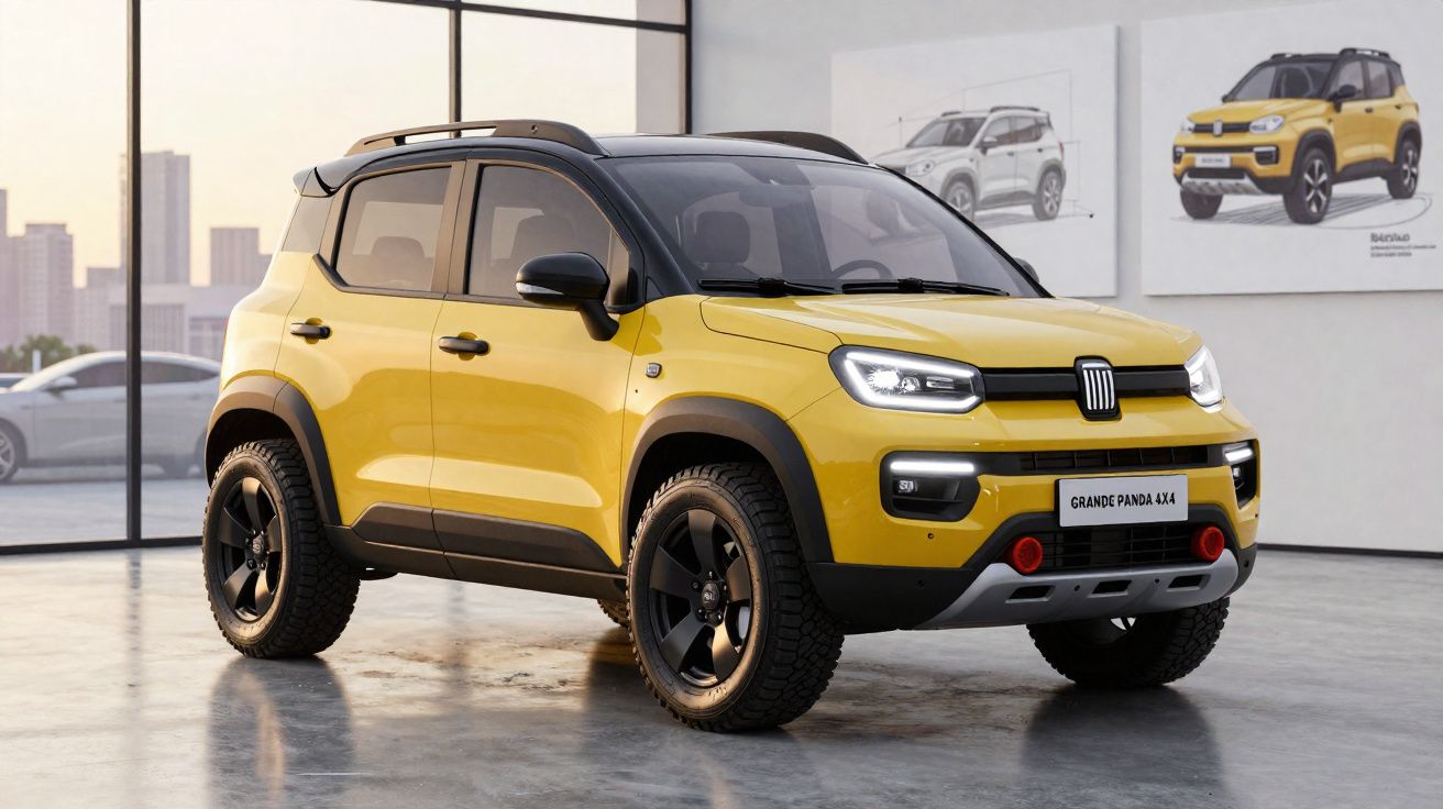 Carro amarelo Fiat Grande Panda 4x4 estacionado em showroom com pinturas do carro na parede.