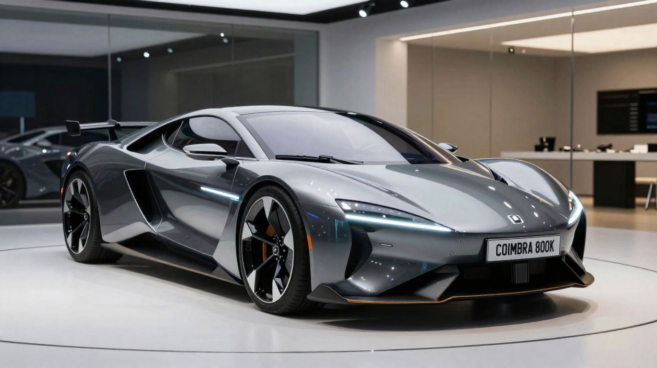 Carro esportivo cinza metálico modelo Coimbra 800K exibido em ambiente moderno e iluminado.