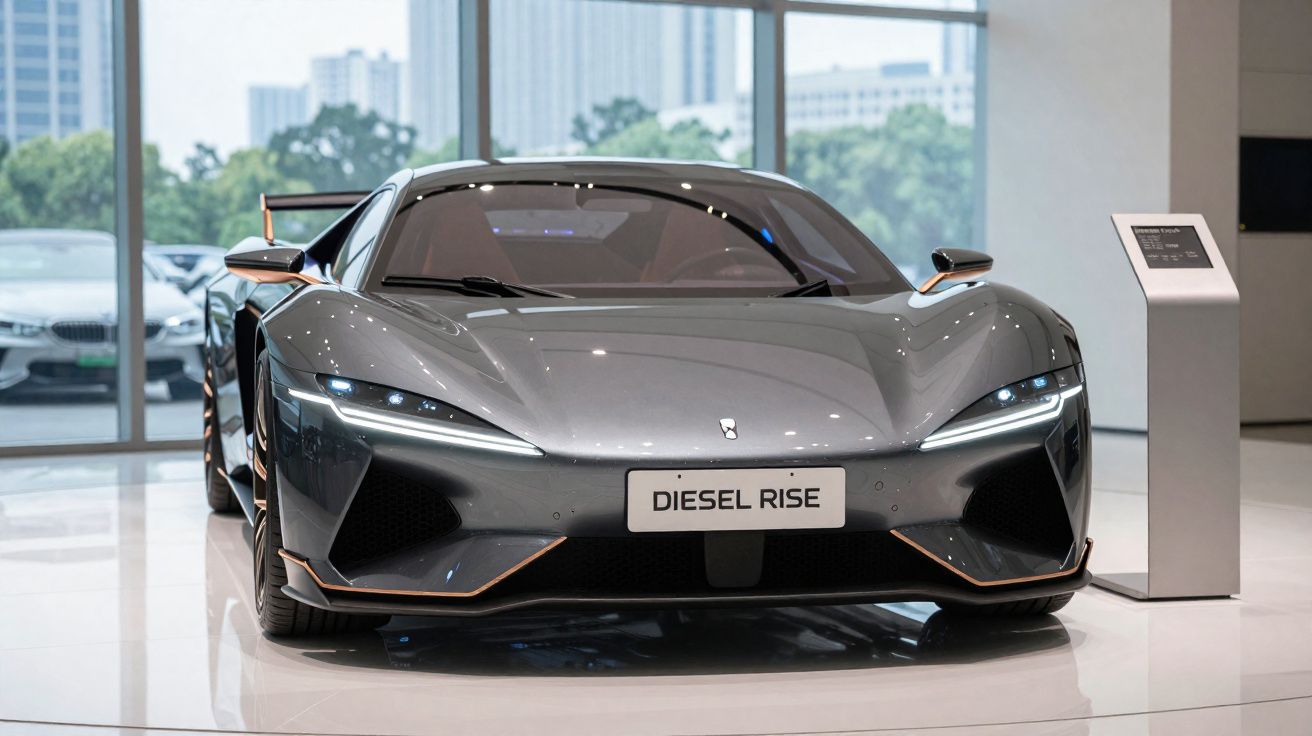 Carro esportivo cinza Diesel Rise exposto em showroom moderno com iluminação natural.