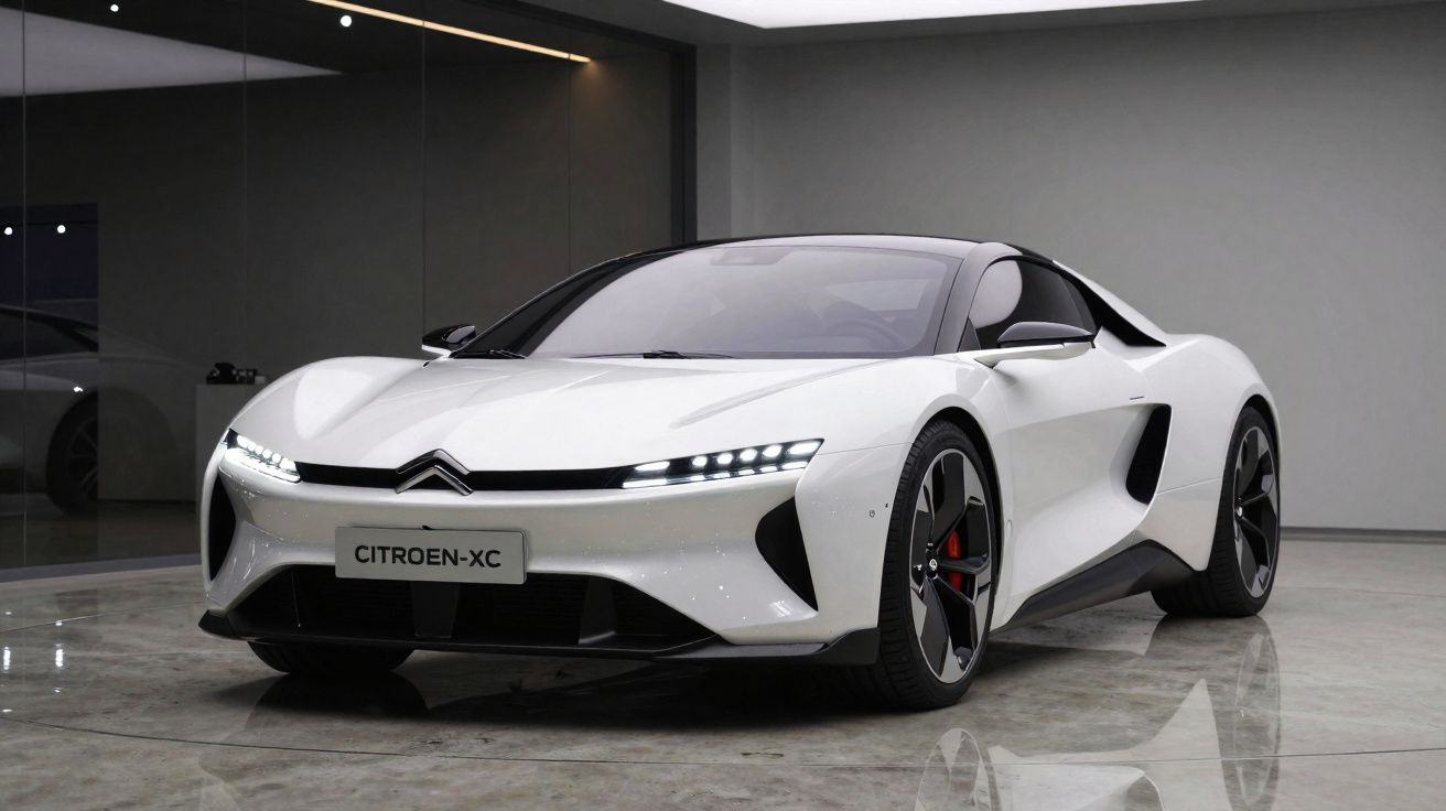 Carro esportivo branco Citroën XC com faróis de LED, design aerodinâmico e rodas pretas em ambiente interno.