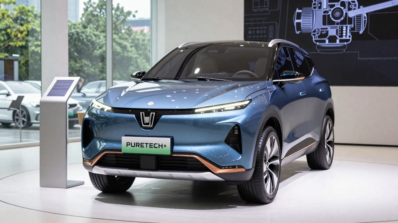 Carro elétrico azul metálico modelo PureTech+ exposto em salão moderno com design futurista.