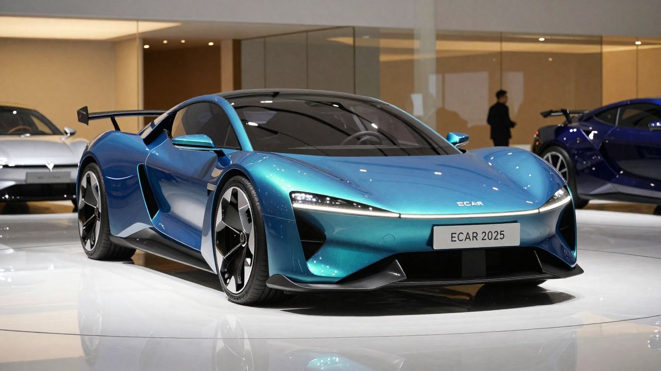 Carro esportivo elétrico azul metálico ECAR 2025 em exposição em ambiente interno moderno.